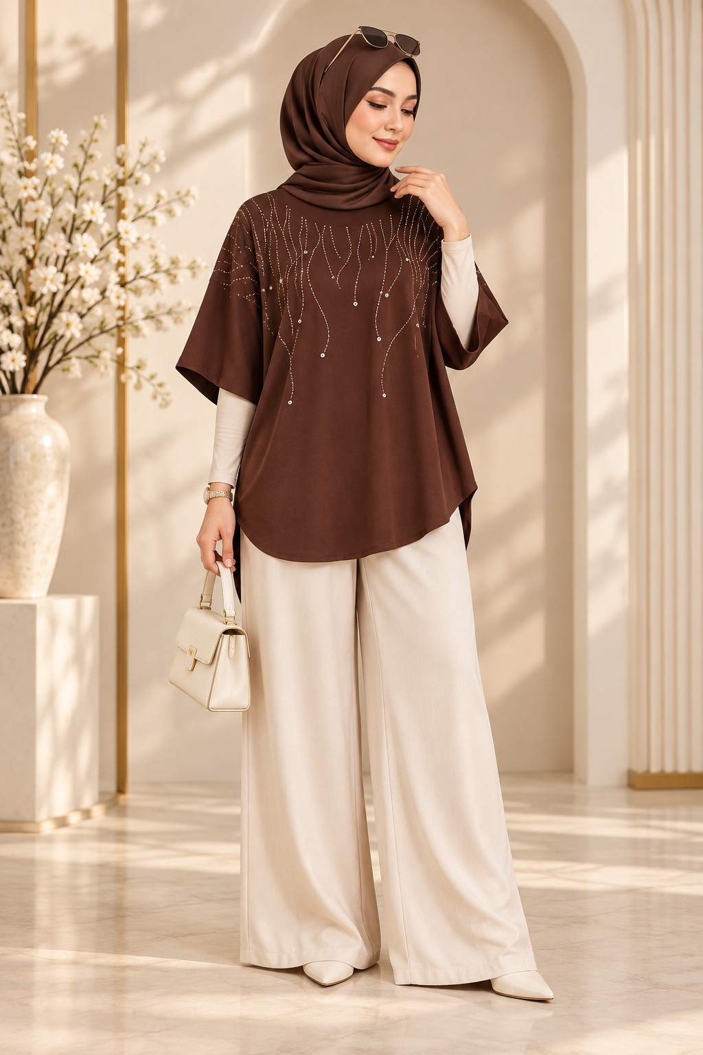 Sage embroidered modest shirt styled with black trousers